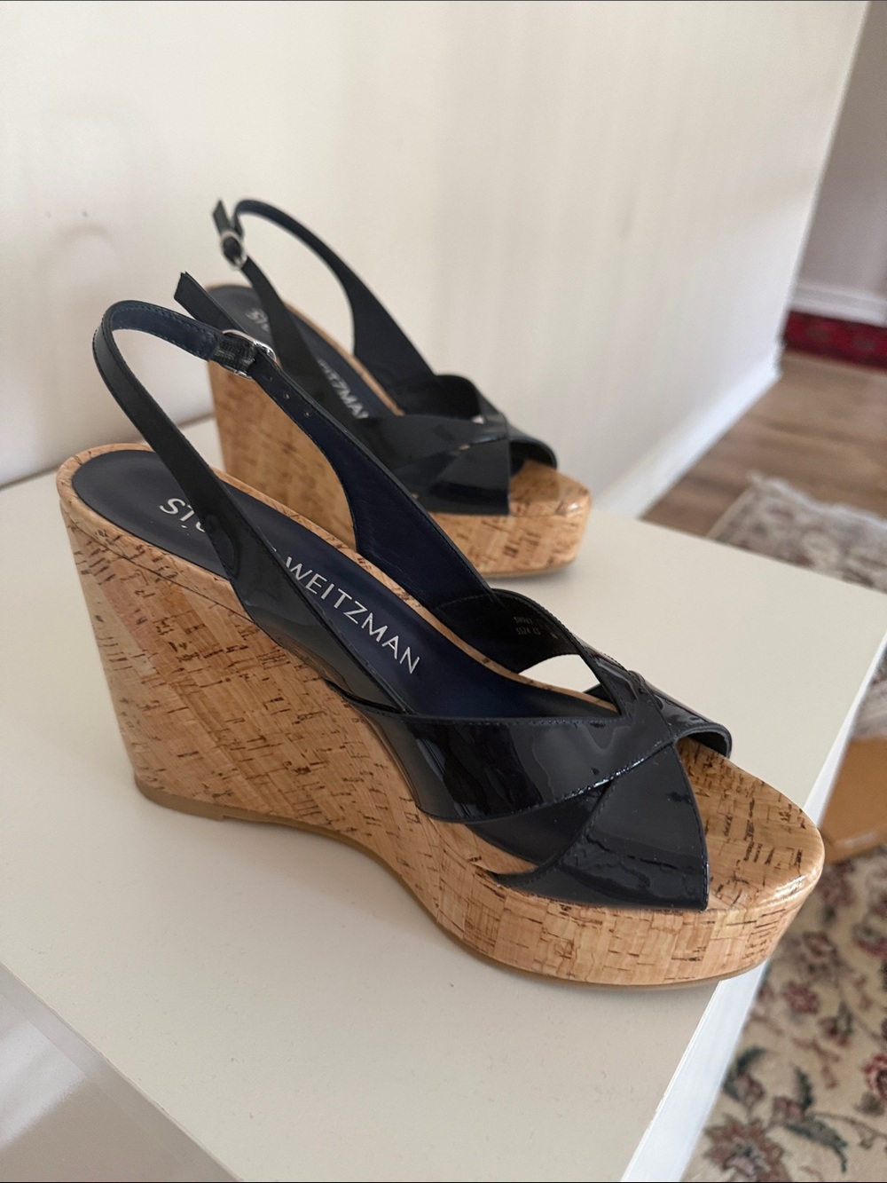 Stuart Weitzman Carmen Patent Cork Wedge  in navy